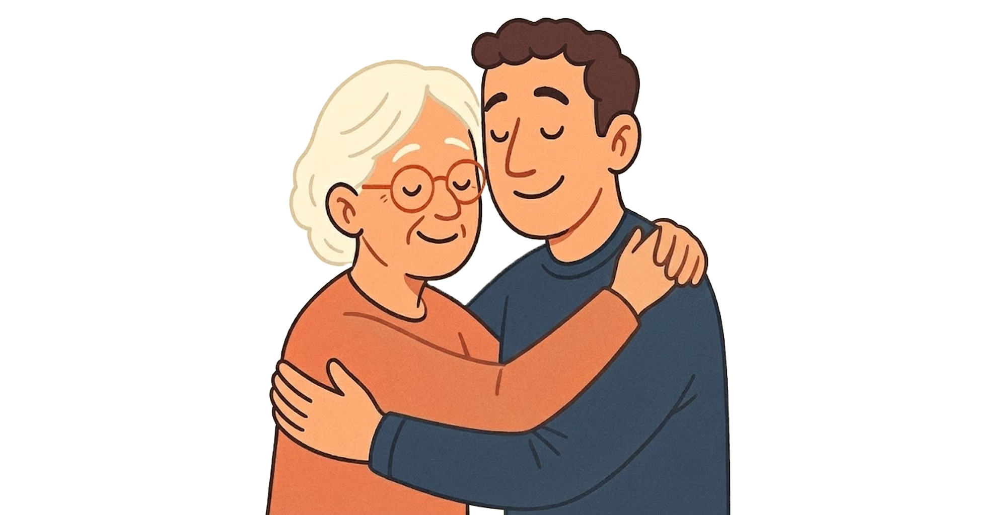 Mother and son smiling and embracing warmly.